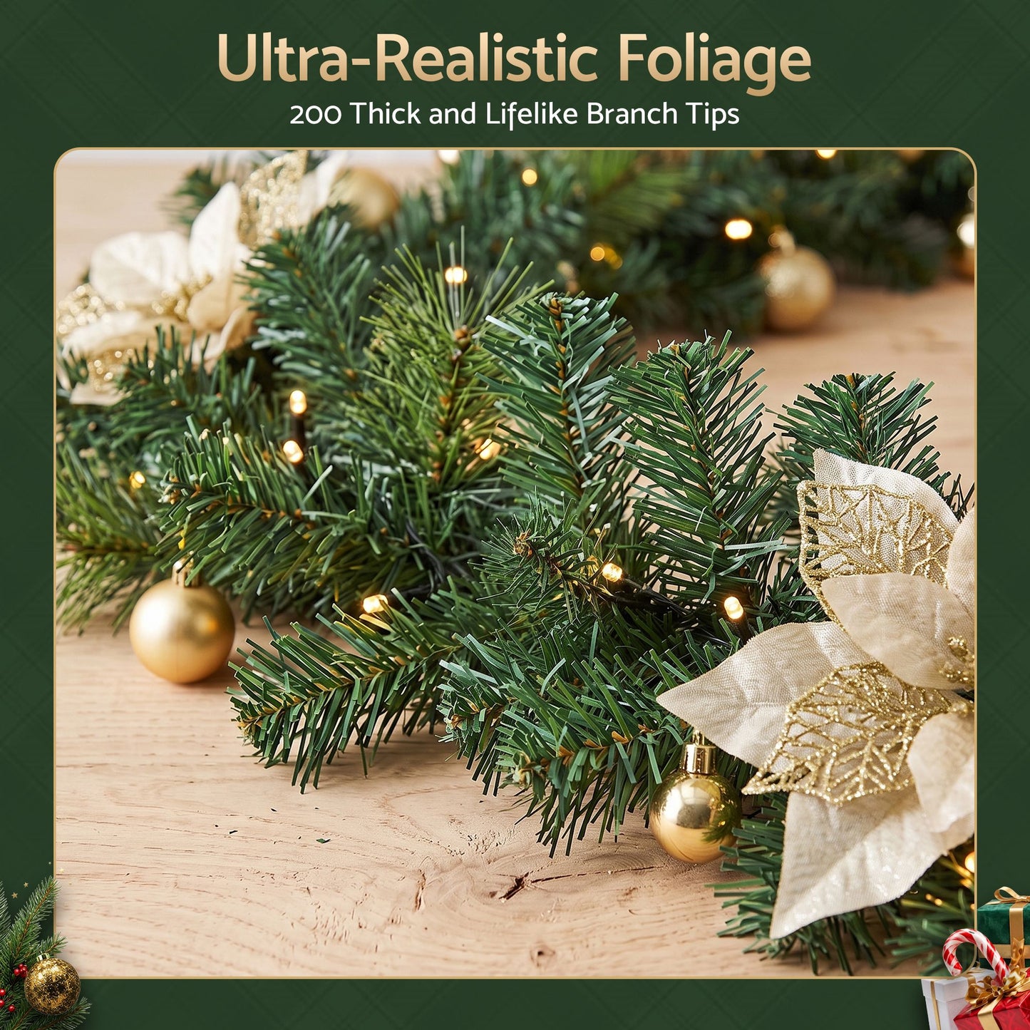 2.7M Christmas Garland 8 Mode LEDs Timing 200 Tips Flowers Balls
