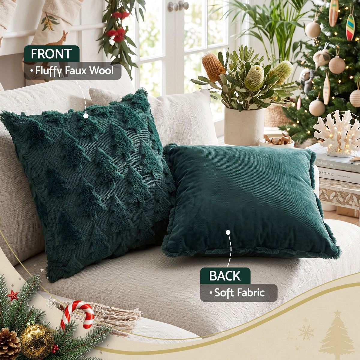 Christmas Tree Pillow Covers 2 Packs Cushion Covers Soft Faux Fur Jacquard Throw Pillow Covers 45 x 45cm Green
