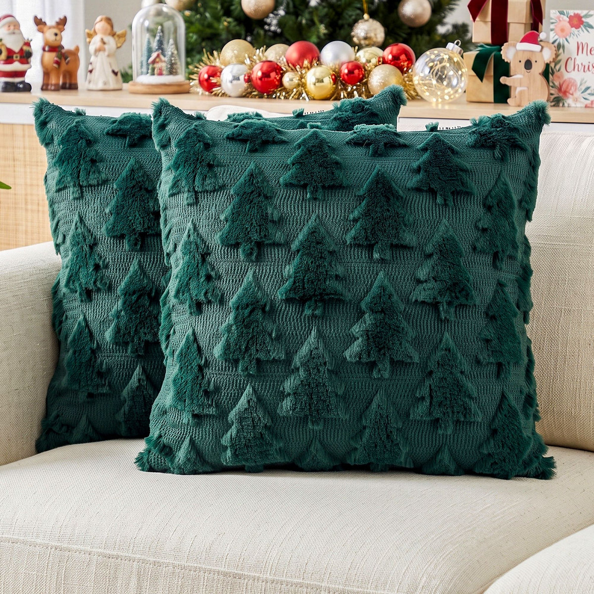 Christmas Tree Pillow Covers 2 Packs Cushion Covers Soft Faux Fur Jacquard Throw Pillow Covers 45 x 45cm Green