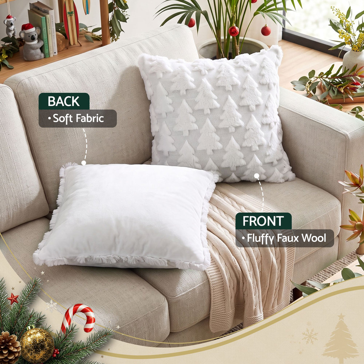 Christmas Tree Pillow Covers 2 Packs Cushion Covers Soft Faux Fur Jacquard Throw Pillow Covers 45 x 45cm White