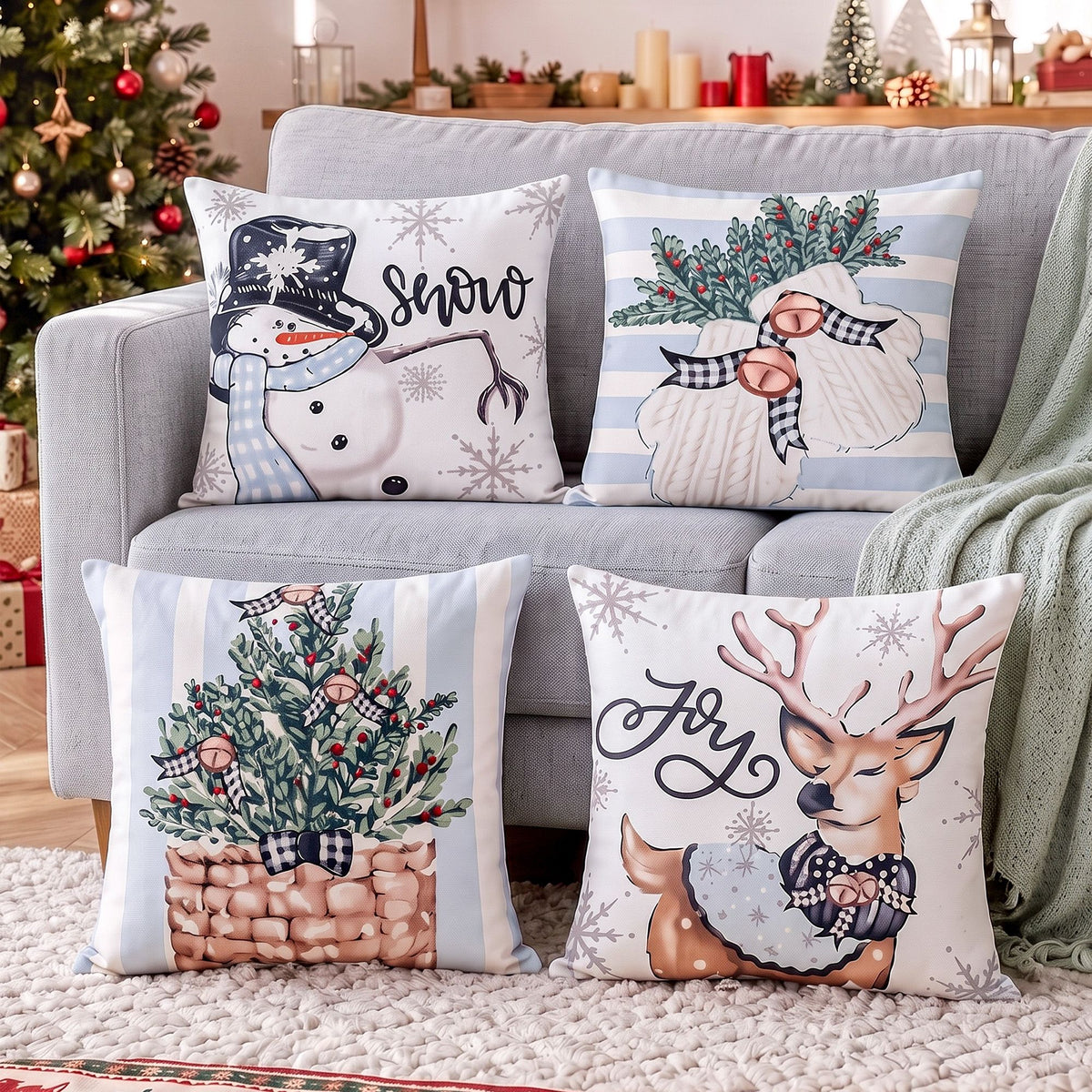 Christmas Cushion Covers Set of 4 Pillow Covers 45x45cm with 4 Cute Patterns Blue
