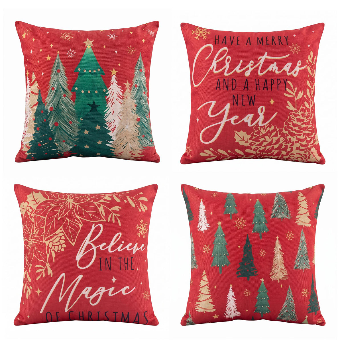 Christmas Cushion Covers Set of 4 Pillow Covers 45x45cm with 4 Cute Patterns Red