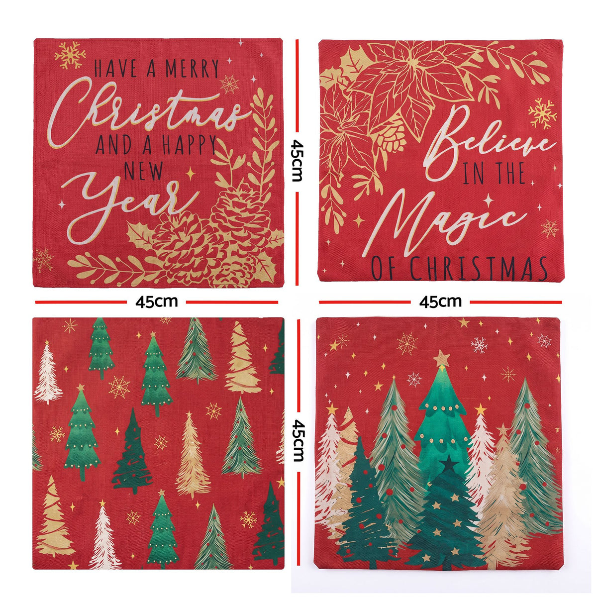 Christmas Cushion Covers Set of 4 Pillow Covers 45x45cm with 4 Cute Patterns Red