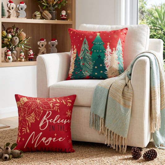 Christmas Cushion Covers Set of 4 Pillow Covers 45x45cm with 4 Cute Patterns Red