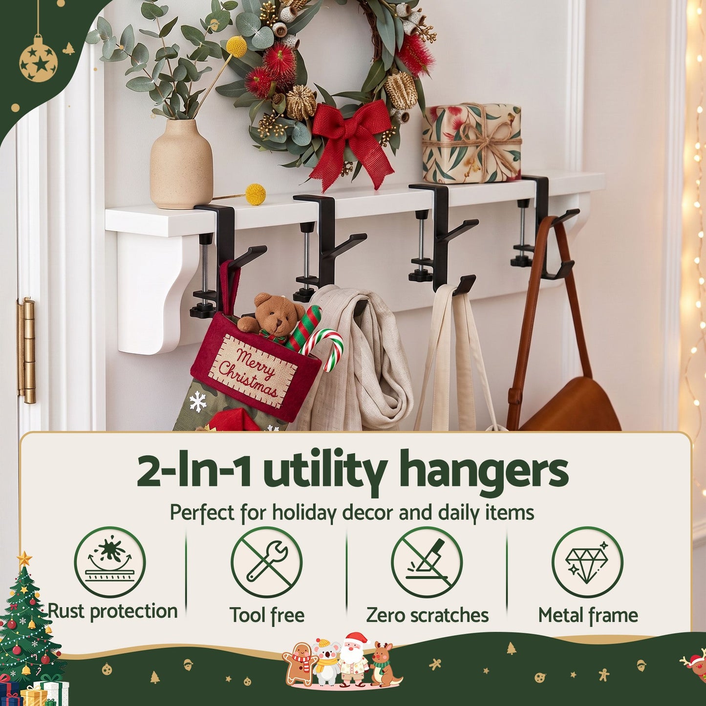 Set of 4 Christmas Garland Hangers Stocking Hooks Wreath 2-In-1 No Drill