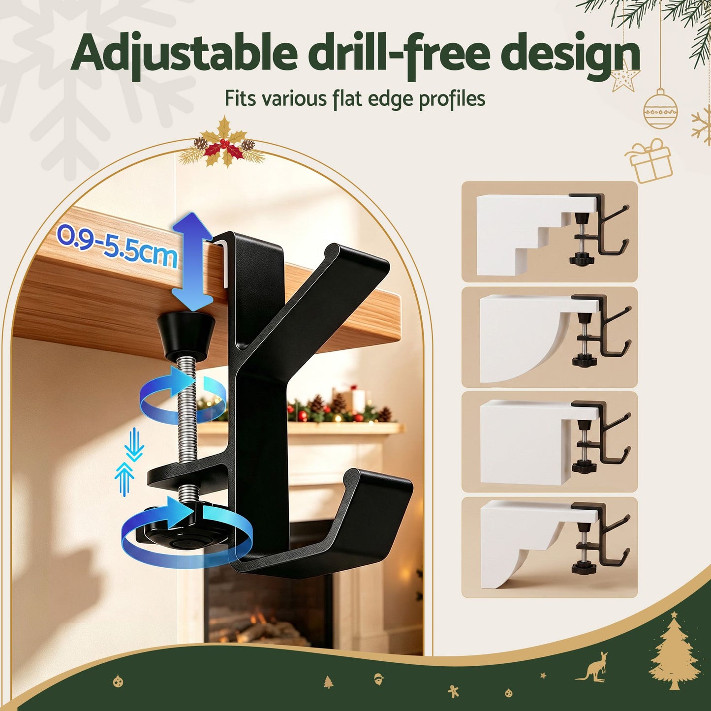 Set of 4 Christmas Garland Hangers Stocking Hooks Wreath 2-In-1 No Drill