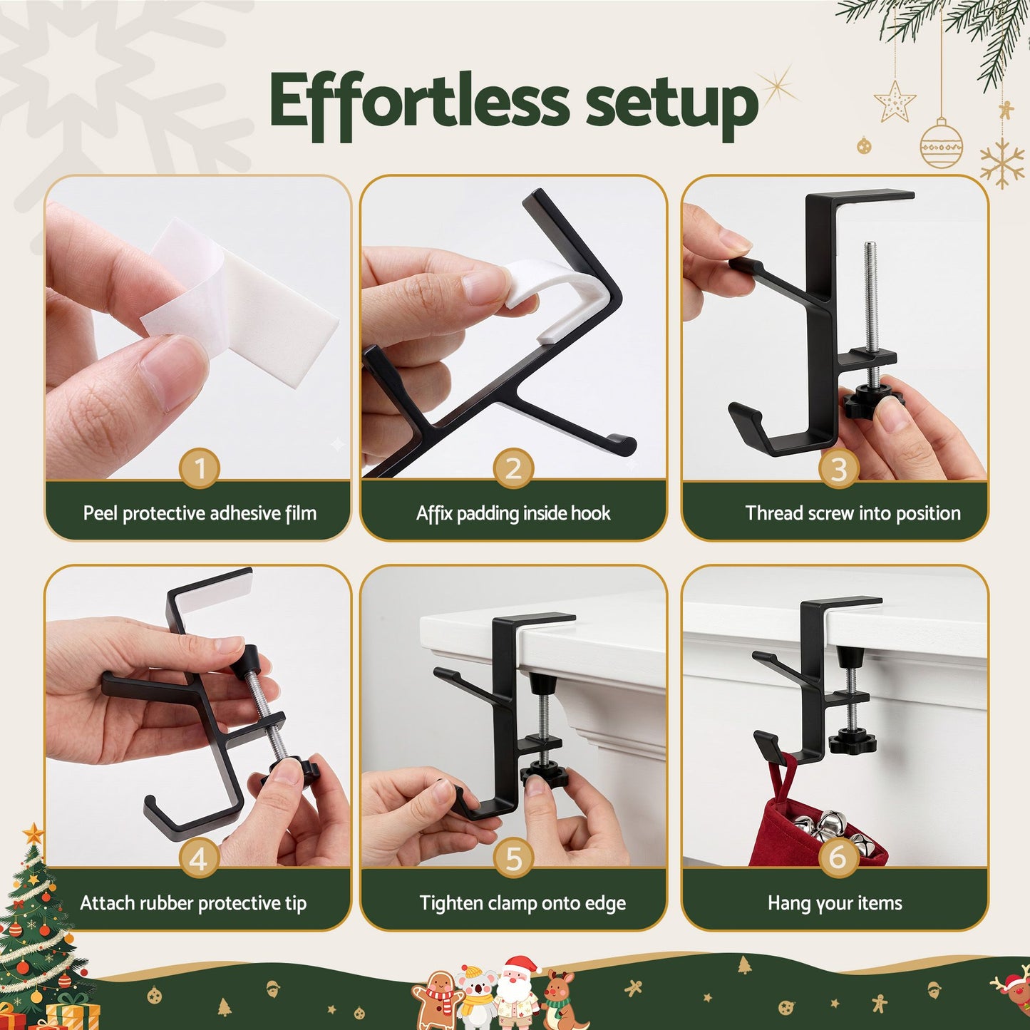 Set of 4 Christmas Garland Hangers Stocking Hooks Wreath 2-In-1 No Drill