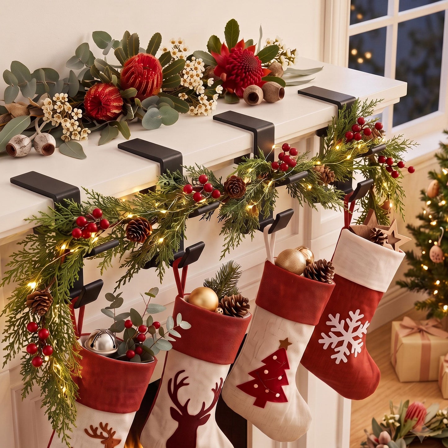Set of 4 Christmas Garland Hangers Stocking Hooks Wreath 2-In-1 No Drill