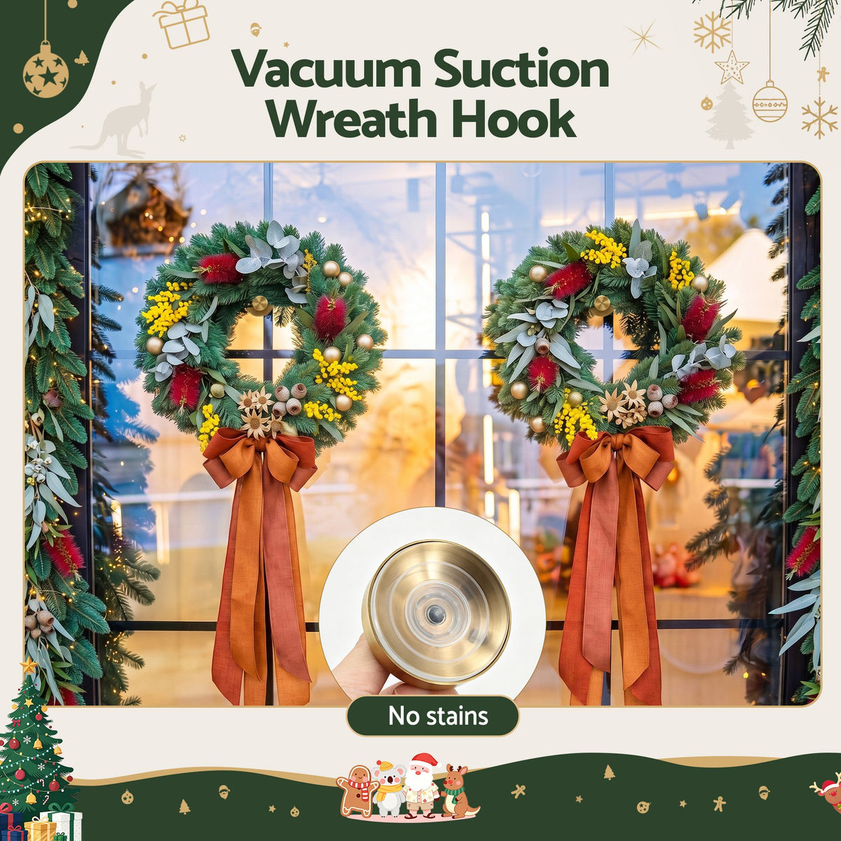 Setof 2 Vacuum Suction Cup Christmas Wreath Hook Stainless Steel Heavy Duty 5kg