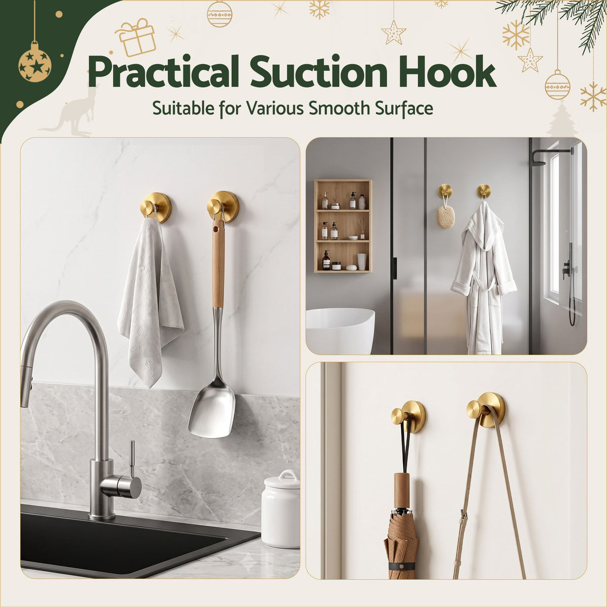 Setof 2 Vacuum Suction Cup Christmas Wreath Hook Stainless Steel Heavy Duty 5kg