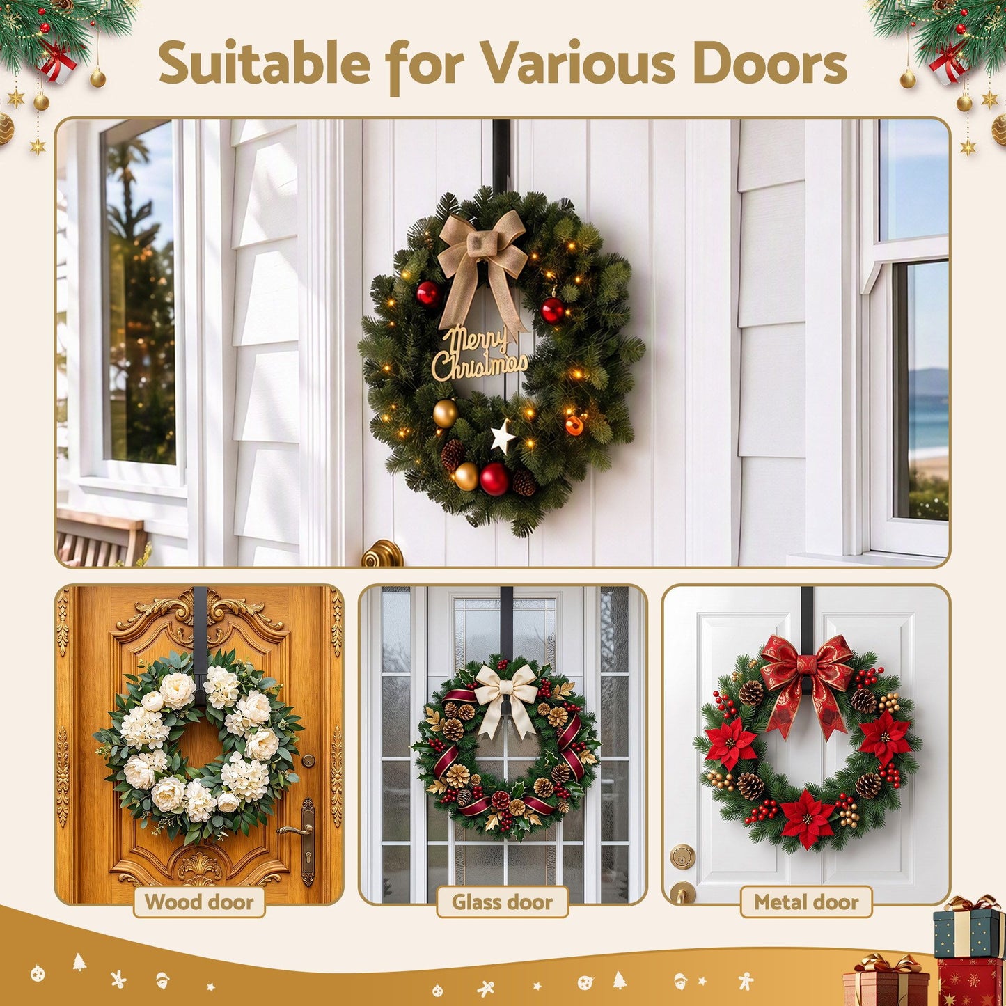 Christmas Wreath Hanger Metal Door Hook Height Adjustable