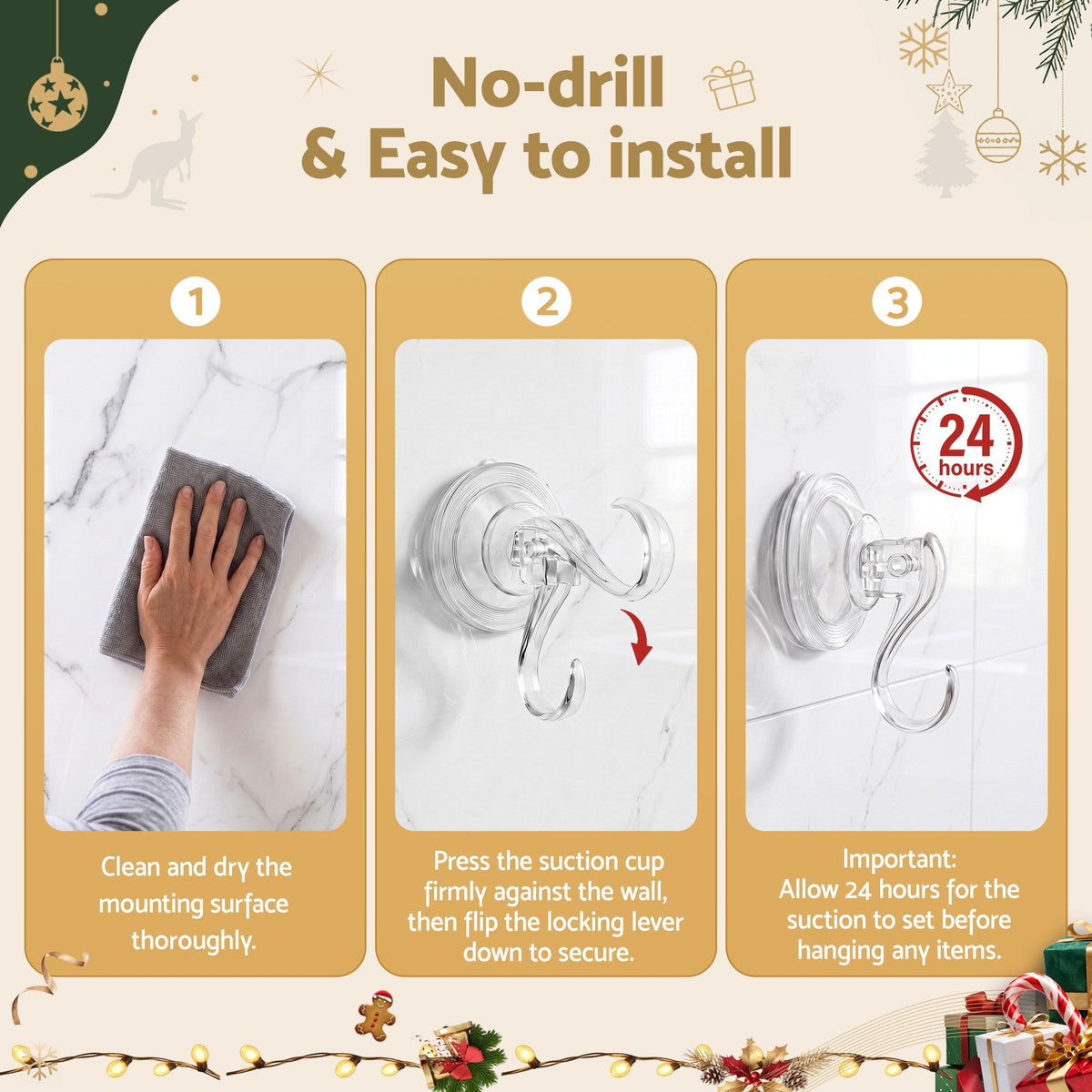 Set of 2 Suction Cup Hooks Heavy Duty Christmas Wreath Hanger Window 5kg