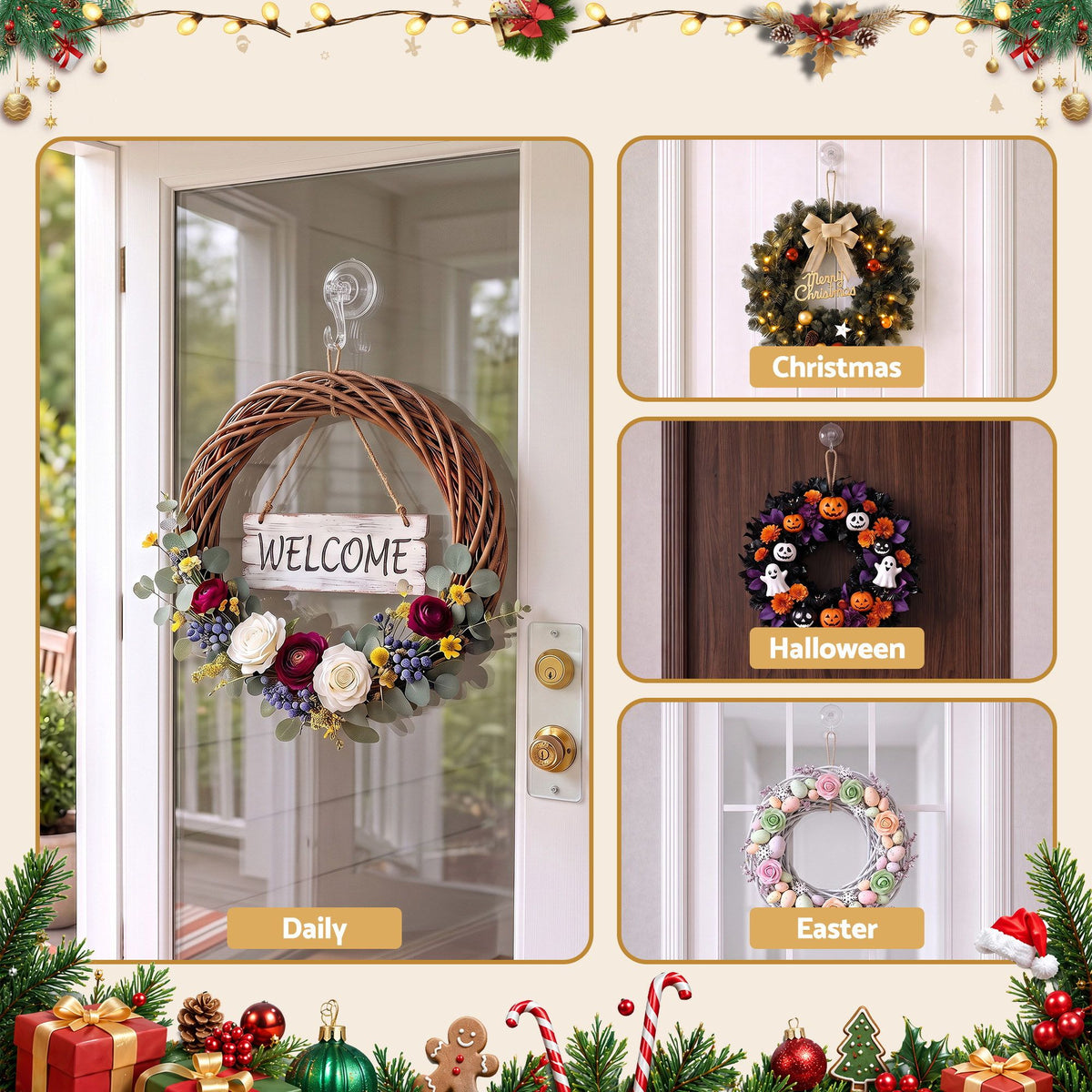 Set of 2 Suction Cup Hooks Heavy Duty Christmas Wreath Hanger Window 5kg