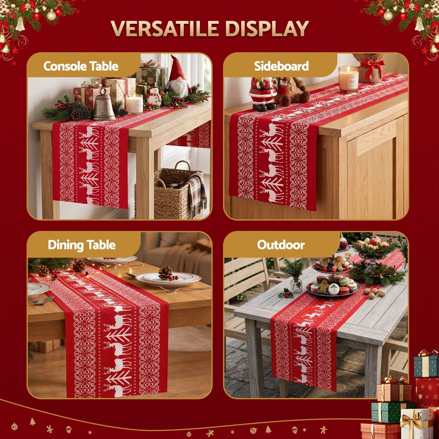 Christmas Table Runner Reindeers 270x28CM Dining Party Decor Red