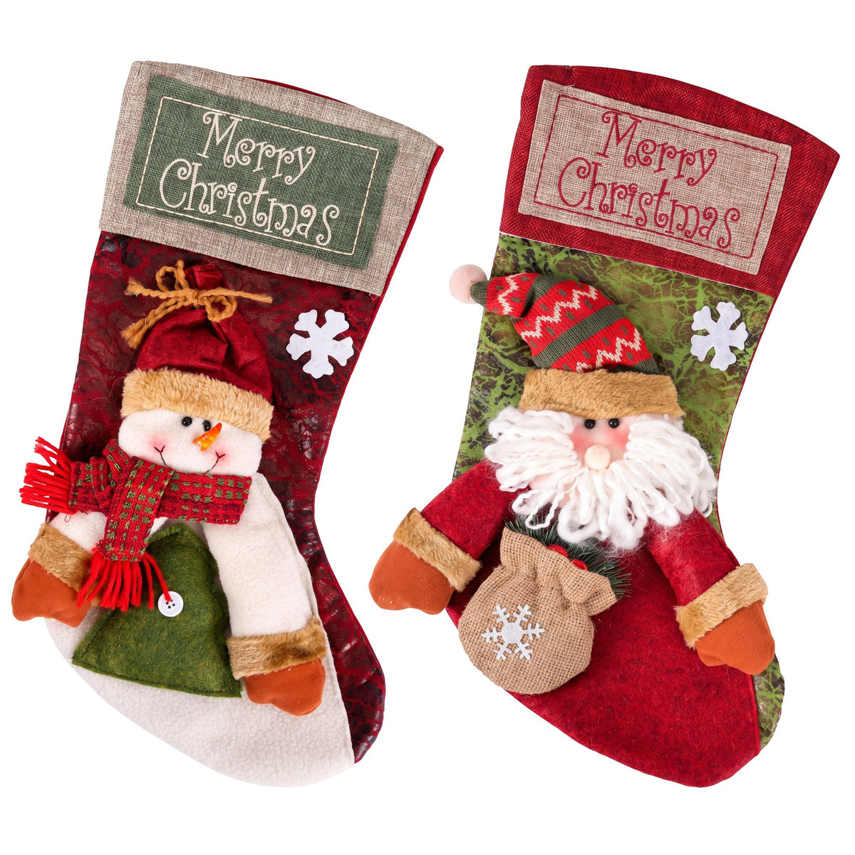 Christmas Stockings 2 Pack Large 3D Plush Santa Snowman 43.5cm Christmas Decor for Family Holiday Christmas Party Decorations