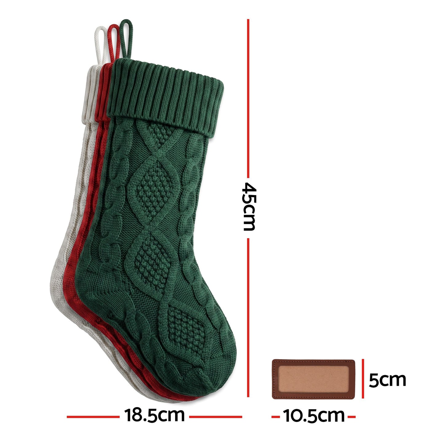 3PCS Personalized Christmas Stockings with Leather Patches 16 Inch Knitted Solid Colour Xmas Decor For Fireplace Mantel, Christmas Tree, Home Decoration & Holiday Party Displays