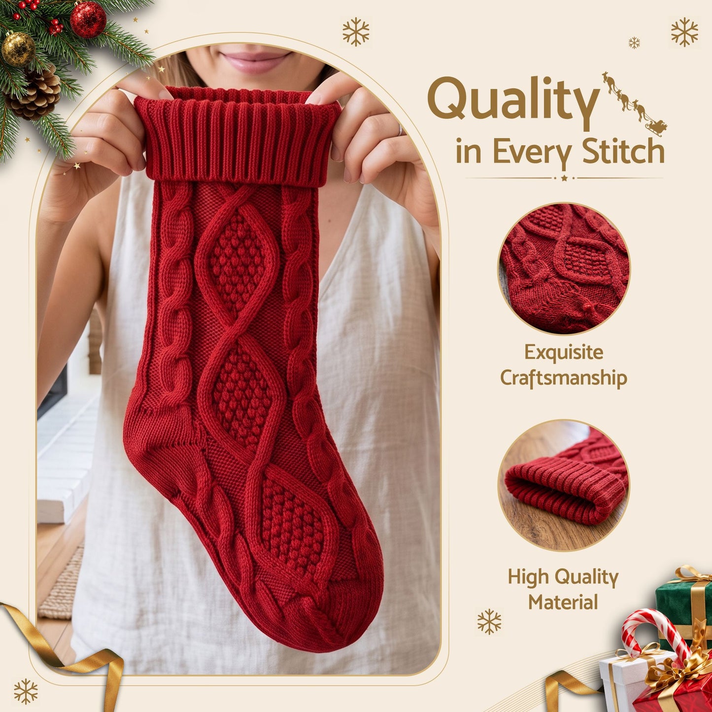 3PCS Personalized Christmas Stockings with Leather Patches 16 Inch Knitted Solid Colour Xmas Decor For Fireplace Mantel, Christmas Tree, Home Decoration & Holiday Party Displays