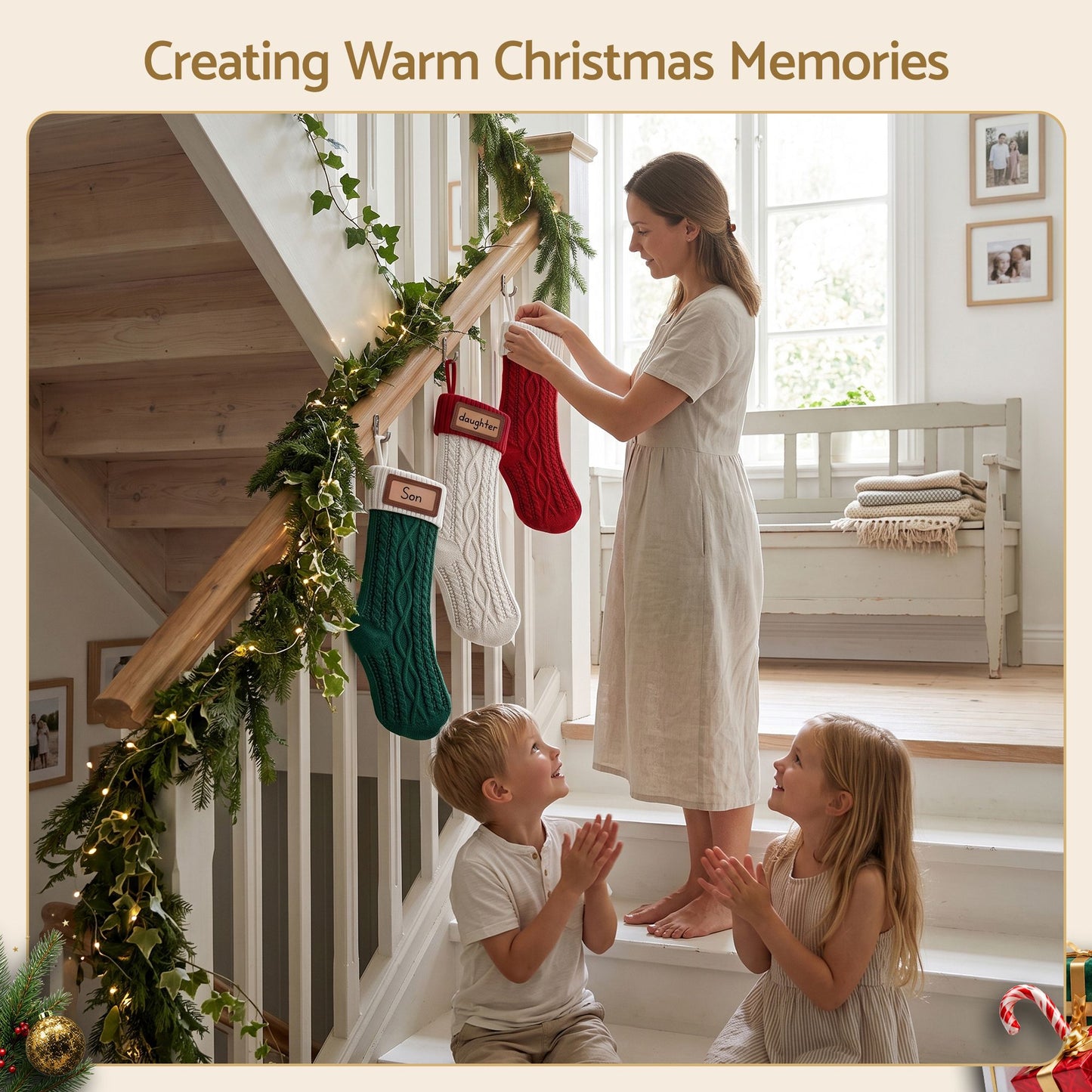 3PCS Personalized Christmas Stockings with Leather Patches, 16 Inch Knitted Contrast Colour Xmas Hanging Decor For Fireplace Mantel, Christmas Tree, Home Decoration & Holiday Party Displays