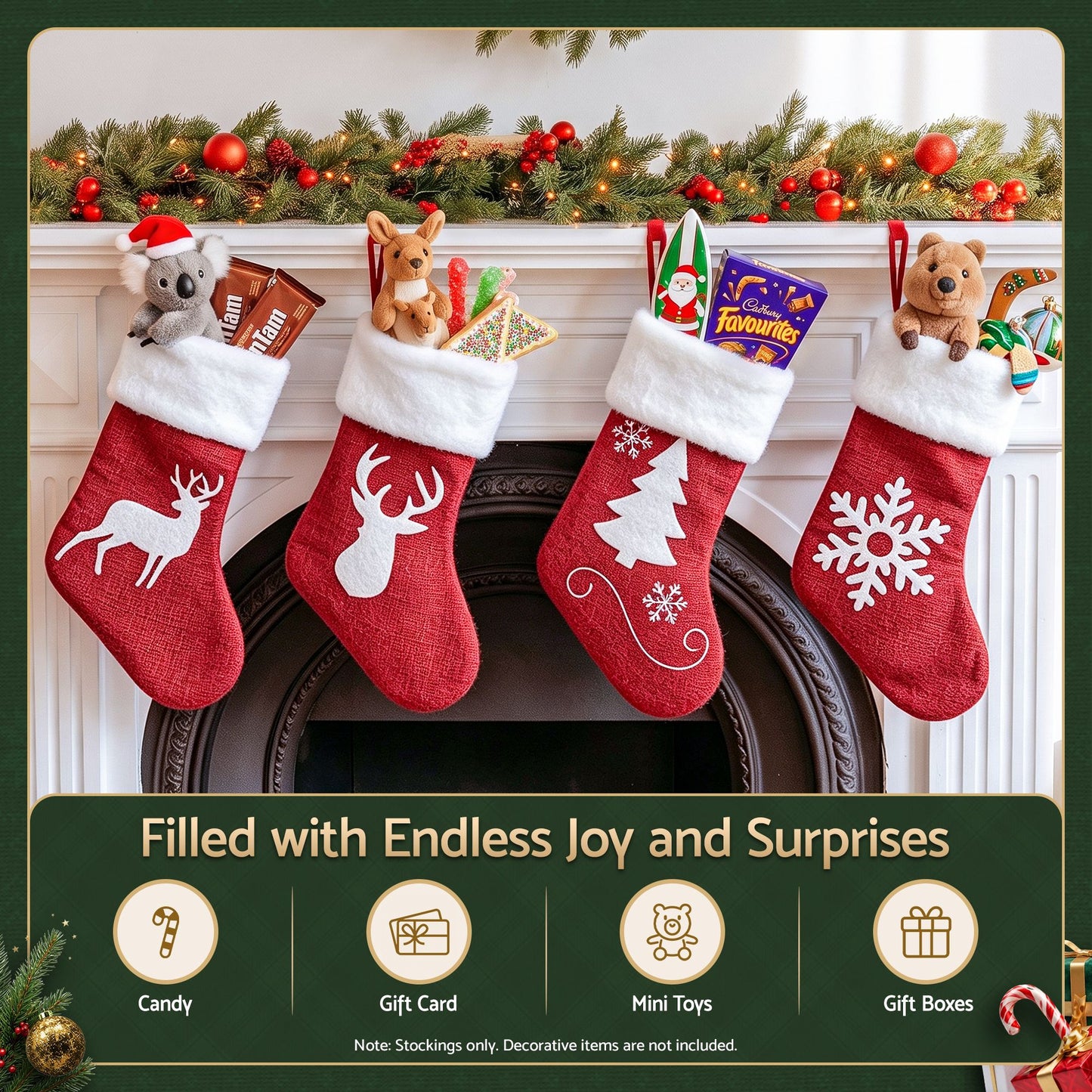 4 Pack Large Velvet Christmas Stockings 46.5cm Red White Decor Perfect For Gift Ideal, Fireplace Mantels Christmas Trees Holiday Party Decorations