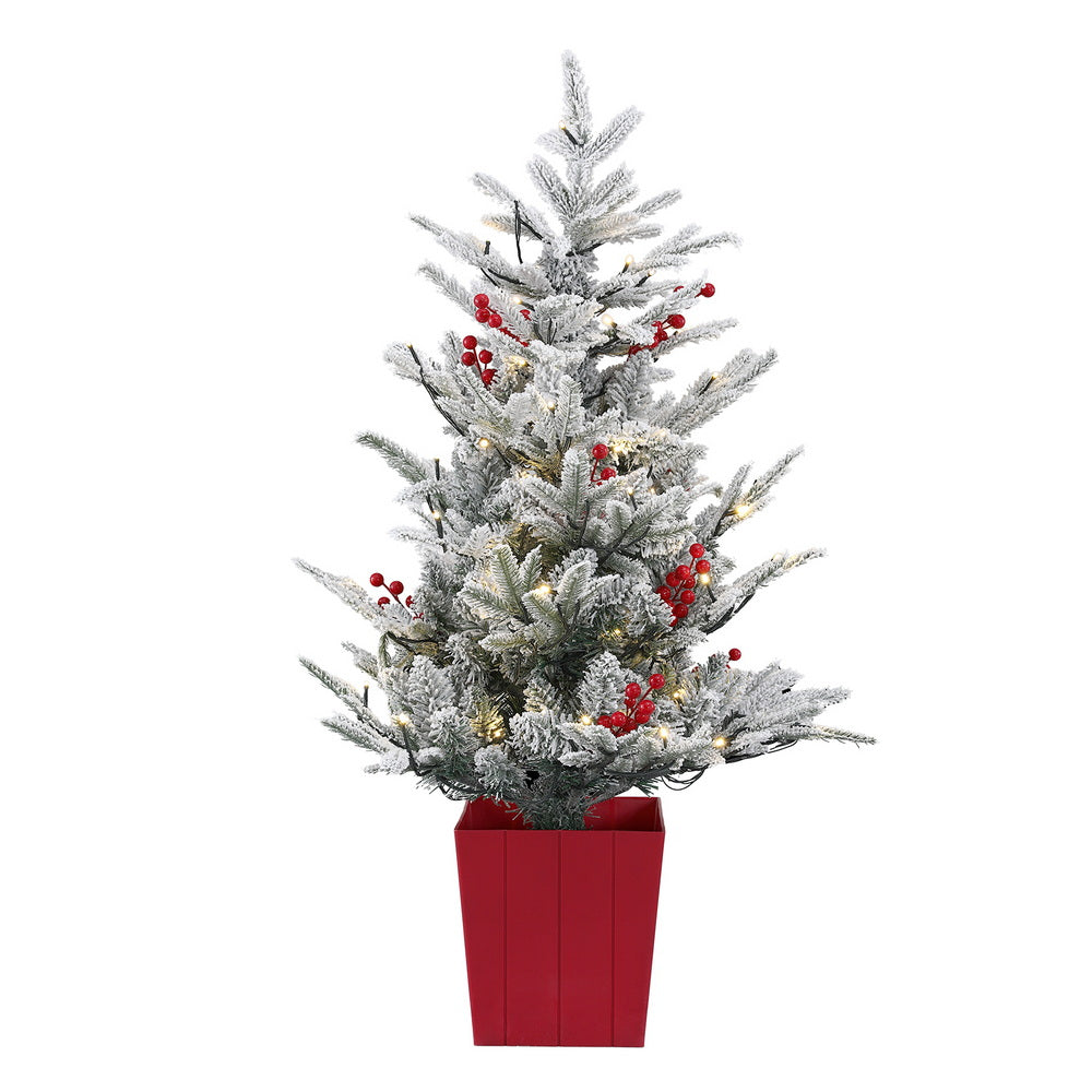 3ft 1m Christmas Tree LED Potted Xmas Party Decor Red Barries Flocked