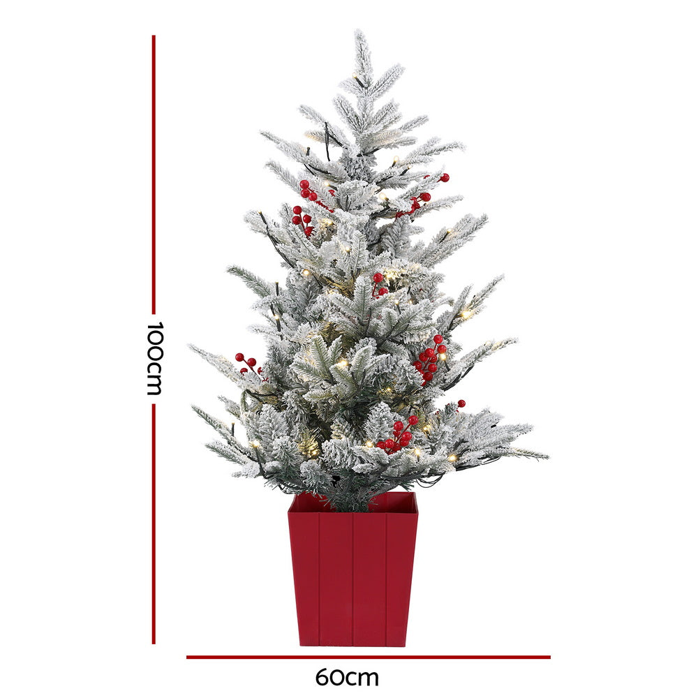 3ft 1m Christmas Tree LED Potted Xmas Party Decor Red Barries Flocked