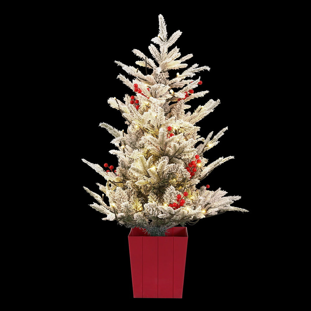 3ft 1m Christmas Tree LED Potted Xmas Party Decor Red Barries Flocked
