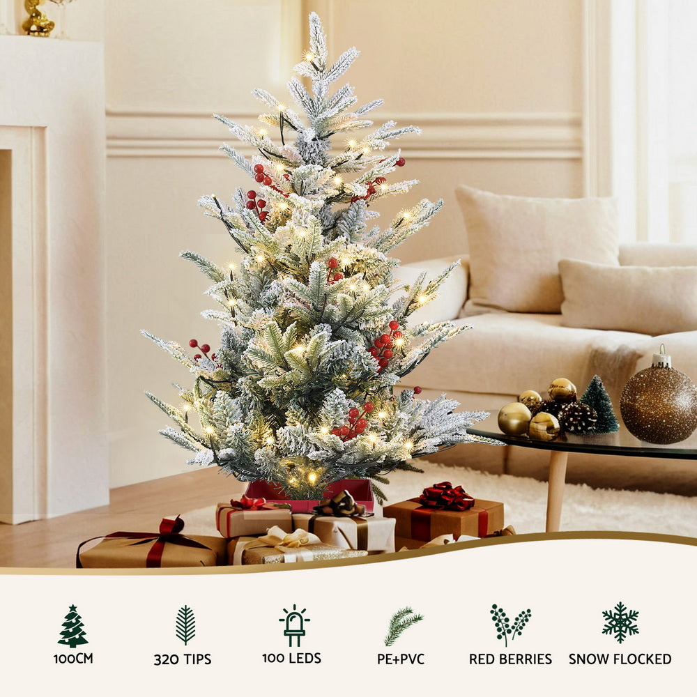 3ft 1m Christmas Tree LED Potted Xmas Party Decor Red Barries Flocked