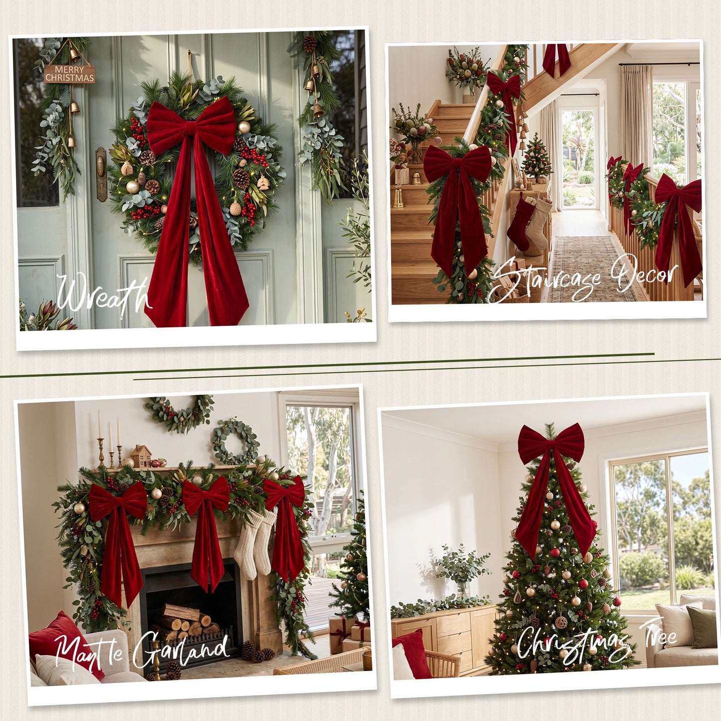 Red Velvet Christmas Bows Tree Decorations Xmas Ornaments