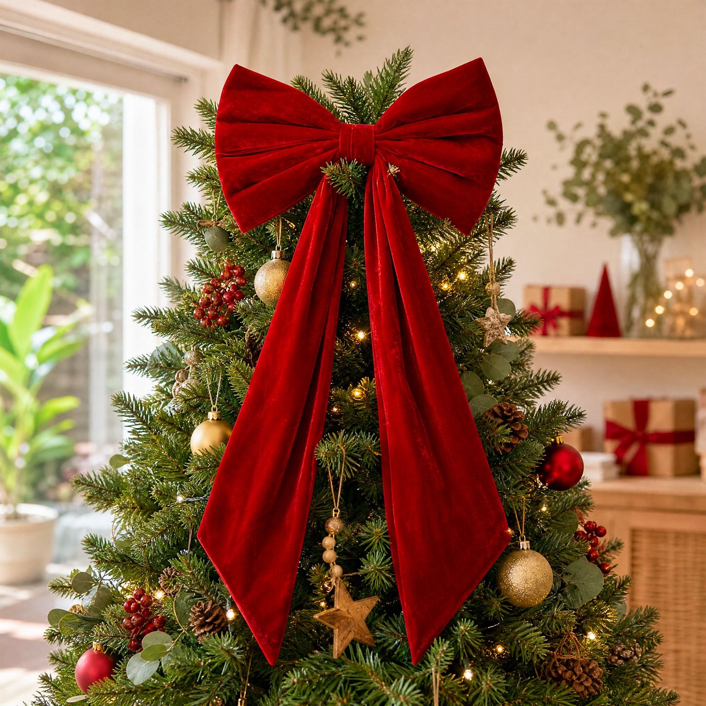 Red Velvet Christmas Bows Tree Decorations Xmas Ornaments