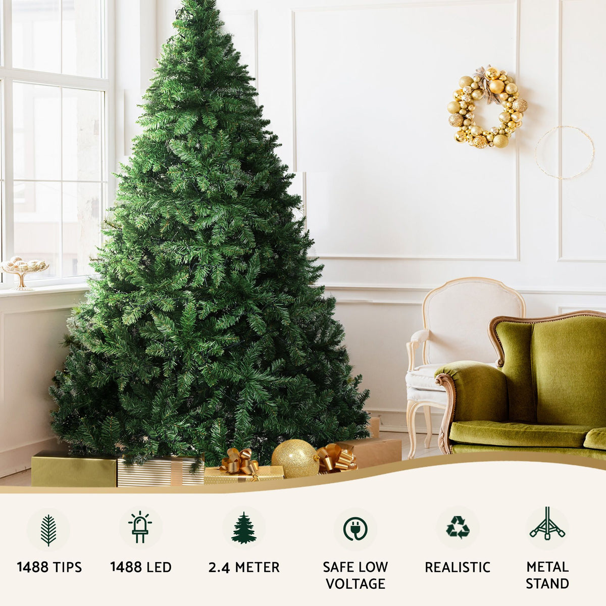 8ft 2.4m Pre-Lit Christmas Tree 1488 LED Green with Red Storage Bag