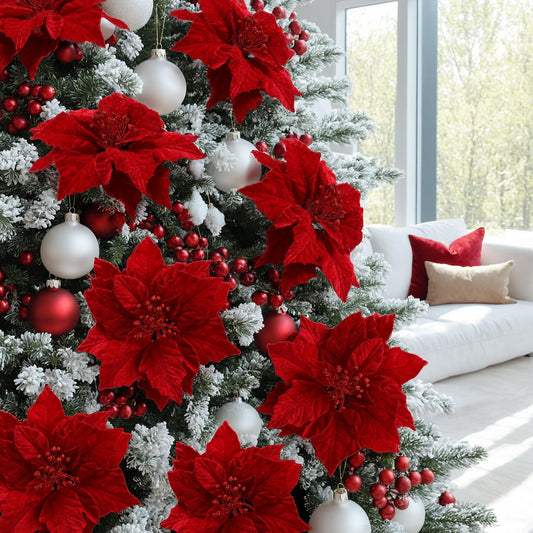 14Pcs Christmas Tree Flowers Set Xmas Garland Wreath Ornaments Red