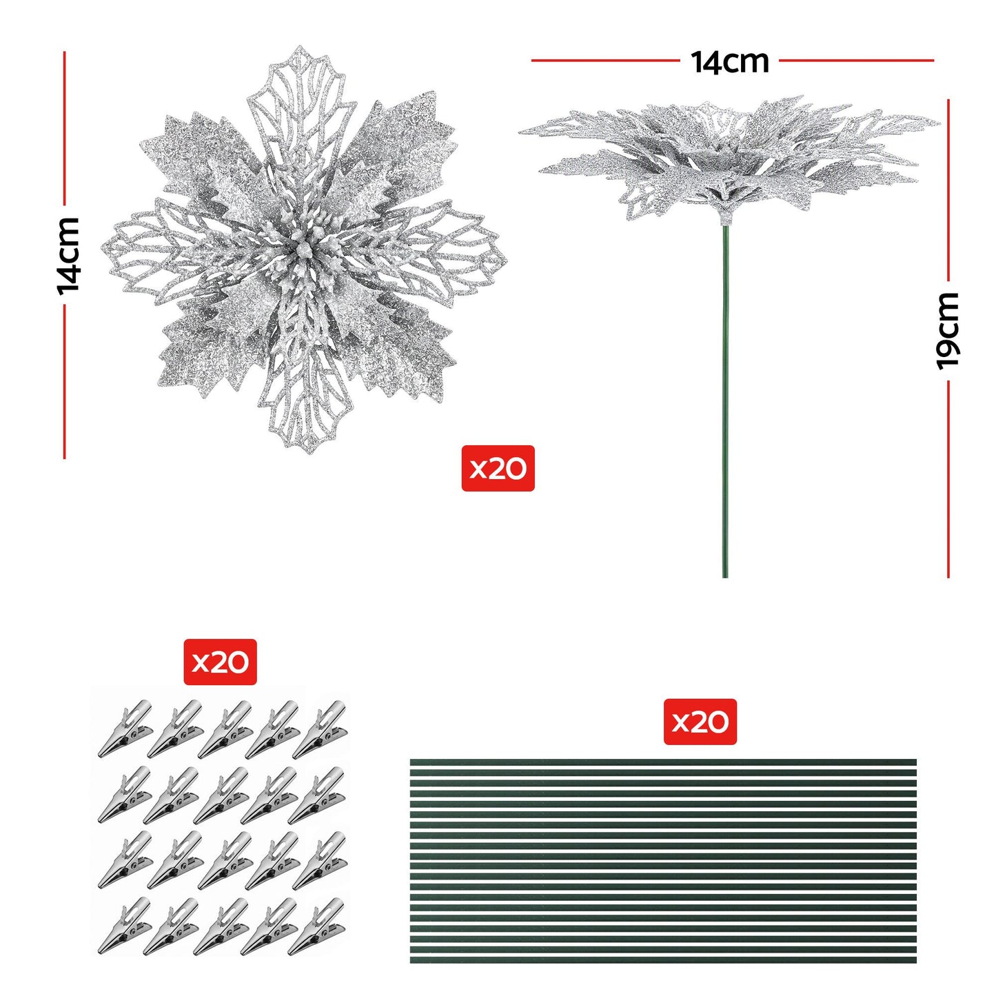 20Pcs Christmas Tree Flower Set Garland Wreath Poinsettia Decorations