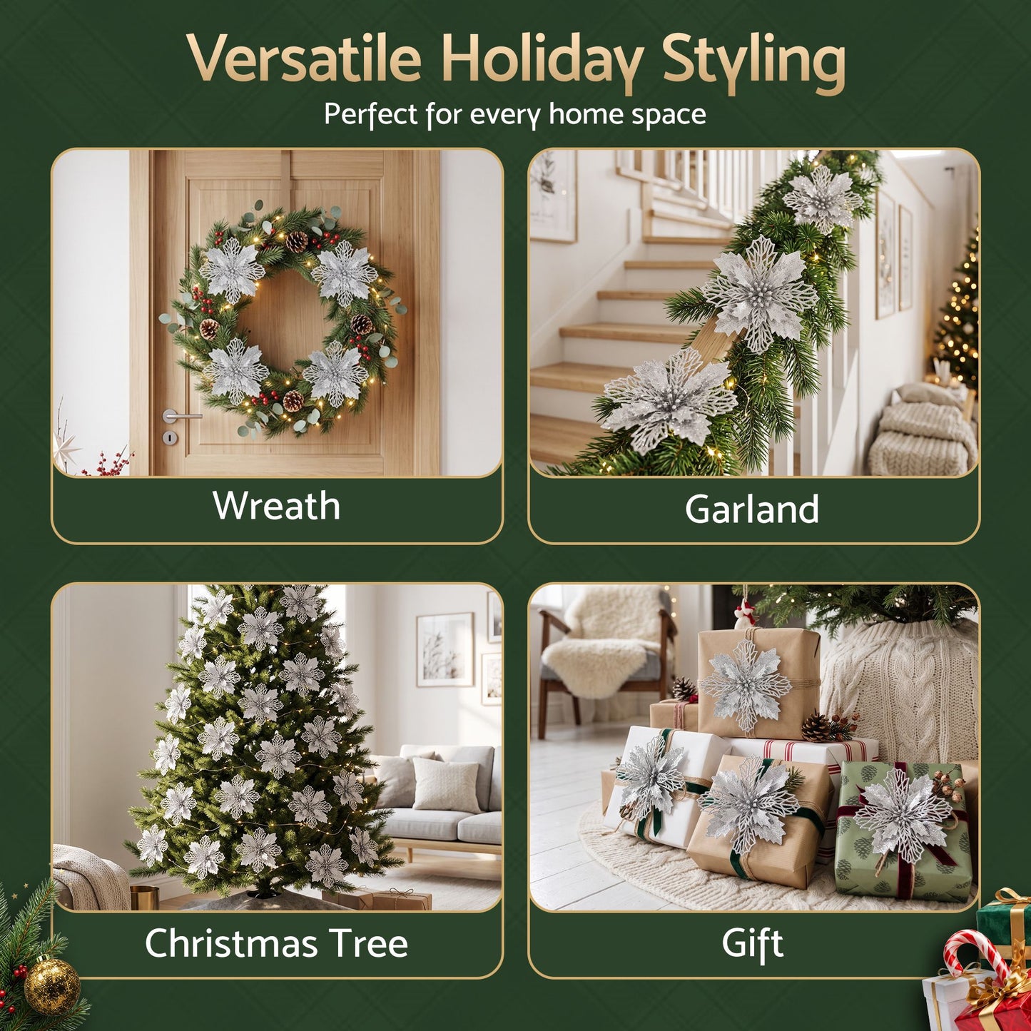 20Pcs Christmas Tree Flower Set Garland Wreath Poinsettia Decorations
