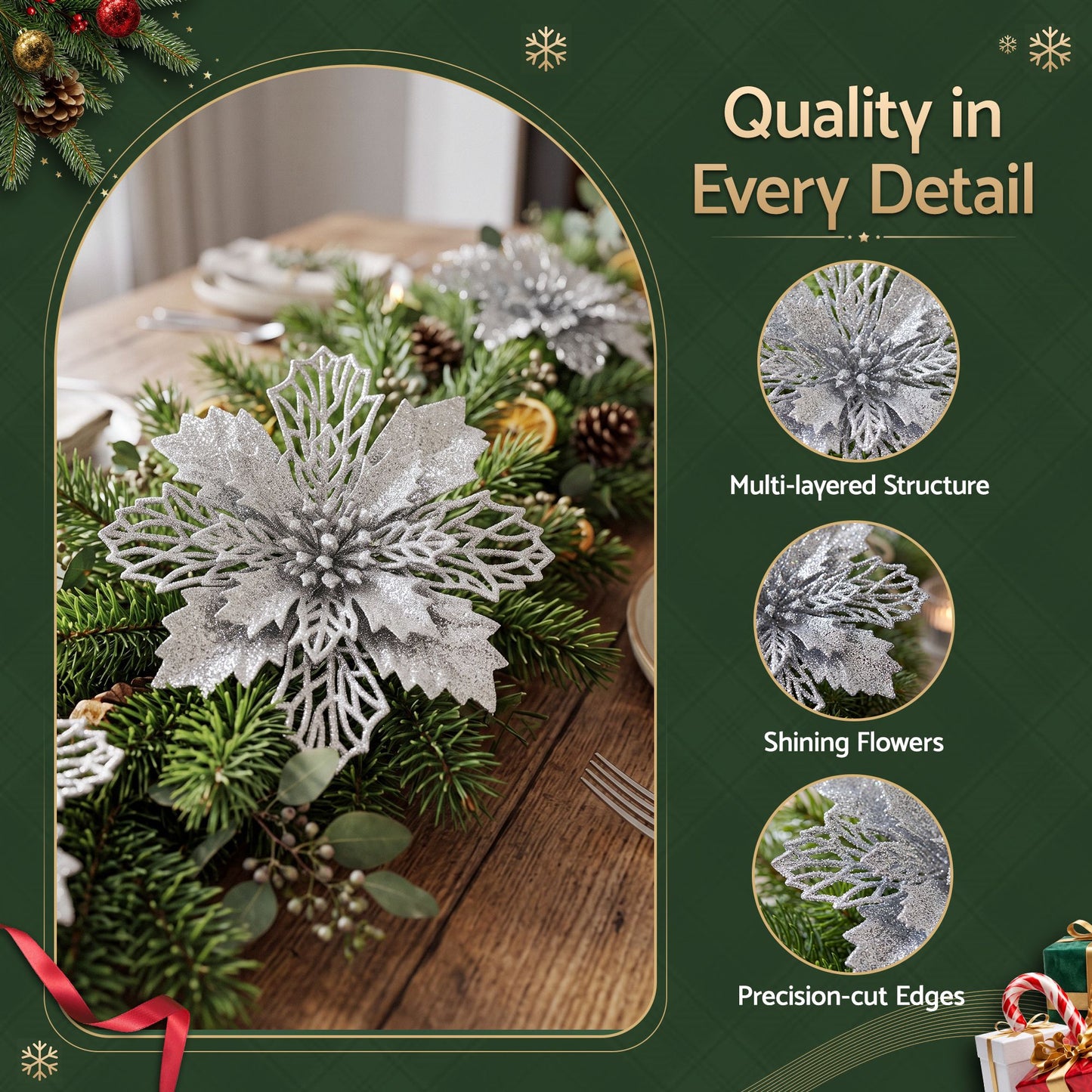 20Pcs Christmas Tree Flower Set Garland Wreath Poinsettia Decorations