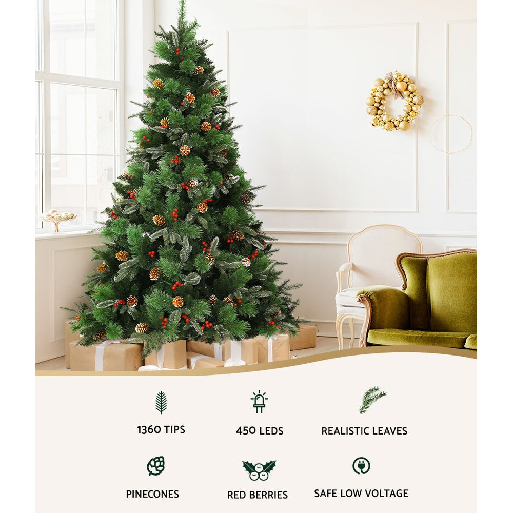 7ft 2.1m Christmas Tree with Pine Cones Red Berries Prelit LED Warm Lights