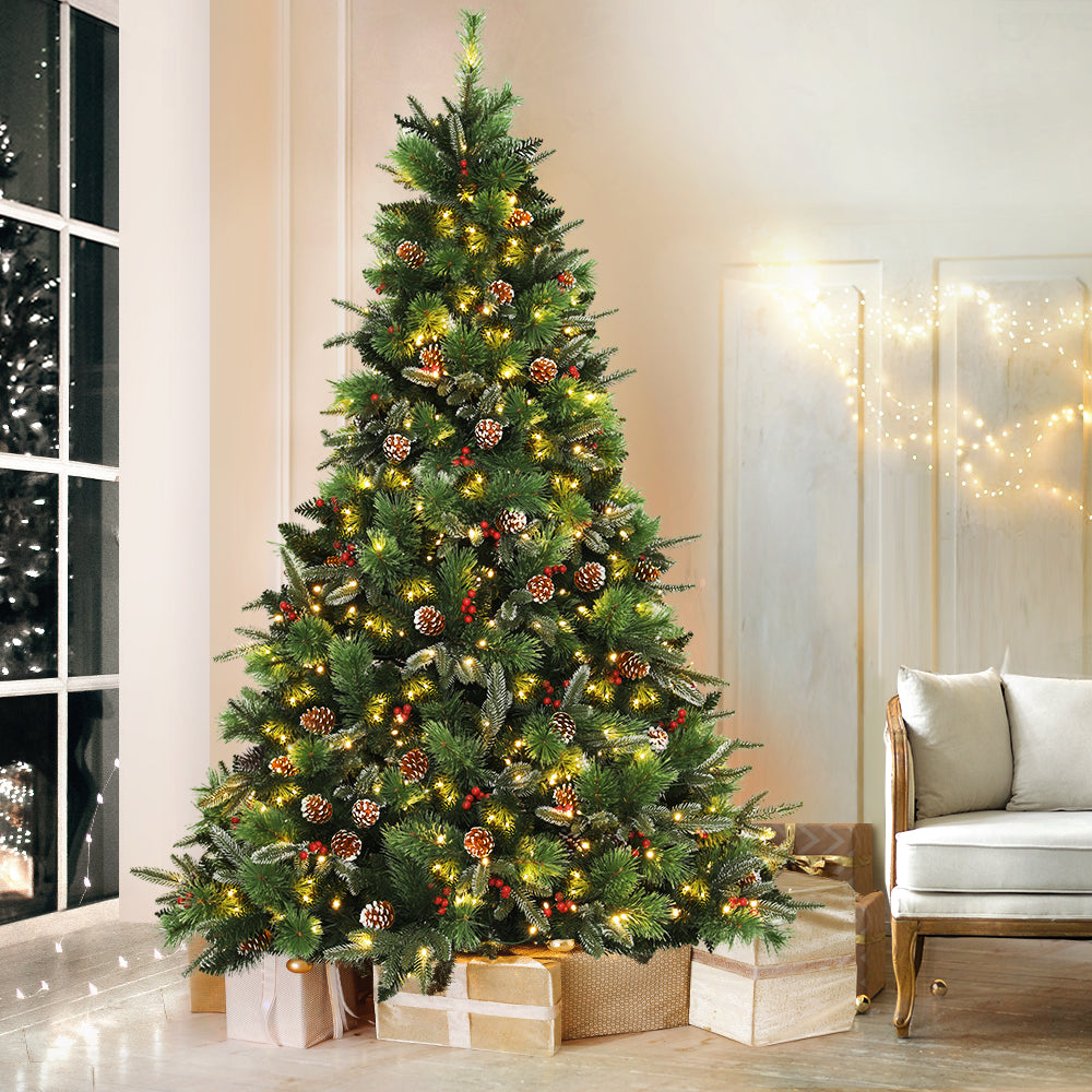 7ft 2.1m Christmas Tree with Pine Cones Red Berries Prelit LED Warm Lights