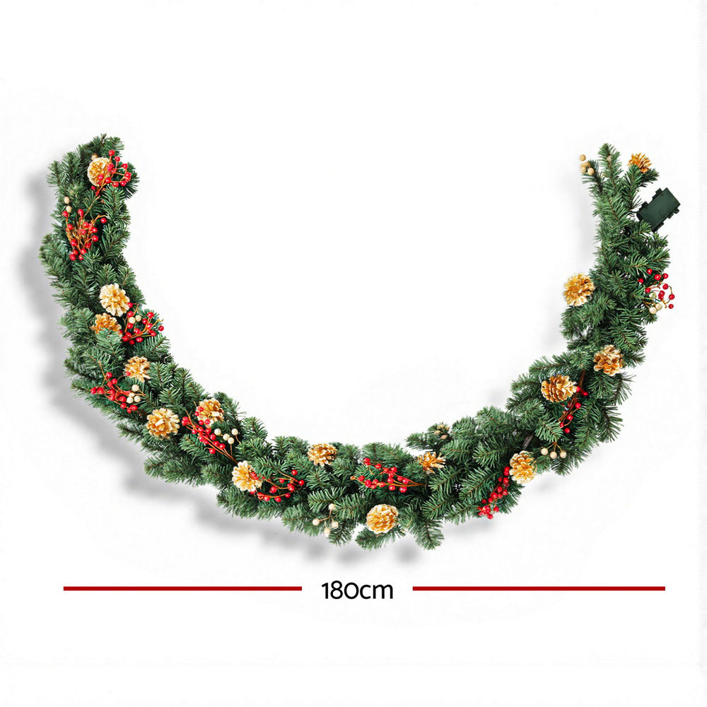 1.8M Christmas Garland Pre-lit LED Pine Cones Berries Xmas Decor