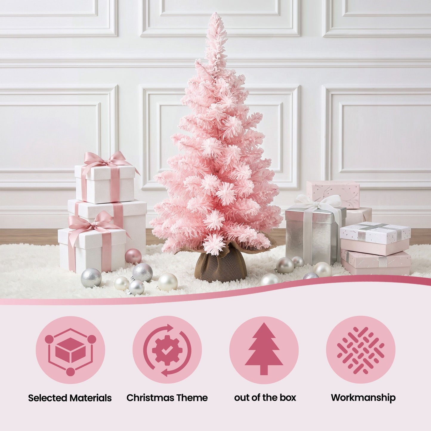 2ft 60cm Flocked Pink Christmas Tree Mini Tabletop Xmas Tree