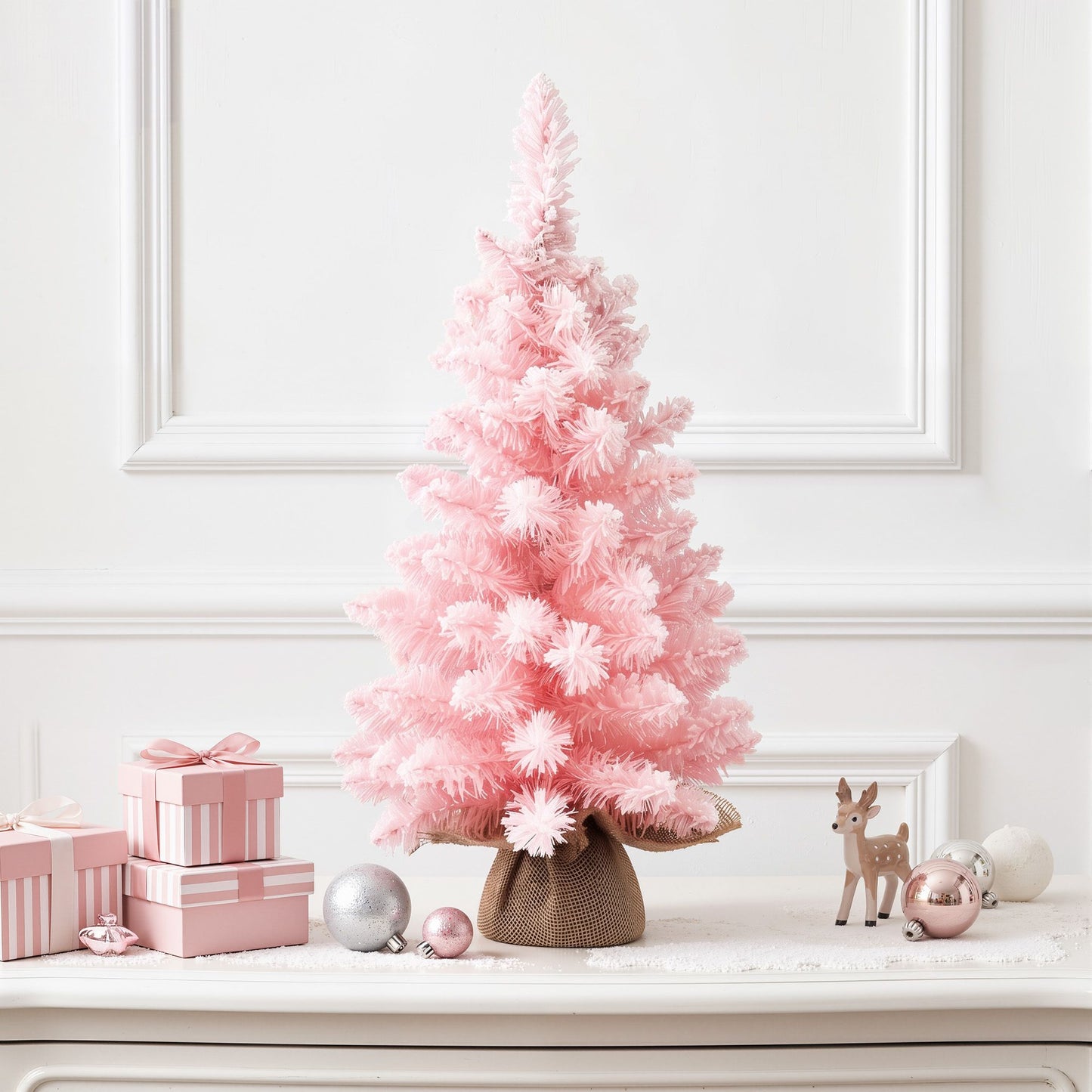 2ft 60cm Flocked Pink Christmas Tree Mini Tabletop Xmas Tree