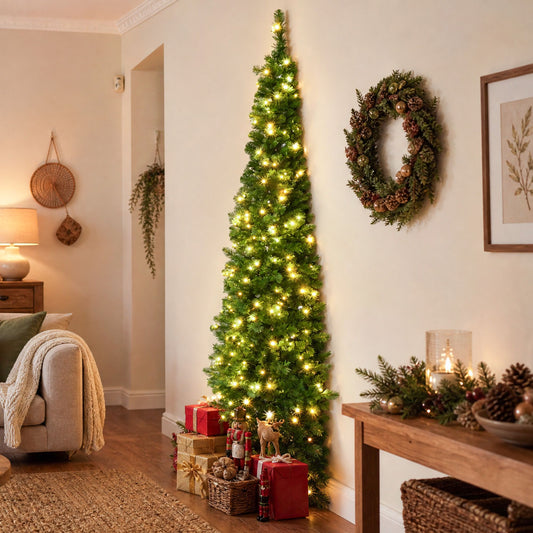 6ft 1.8m Pre-Lit Christmas Tree Slim Pencil Xmas Tree Corner Tree