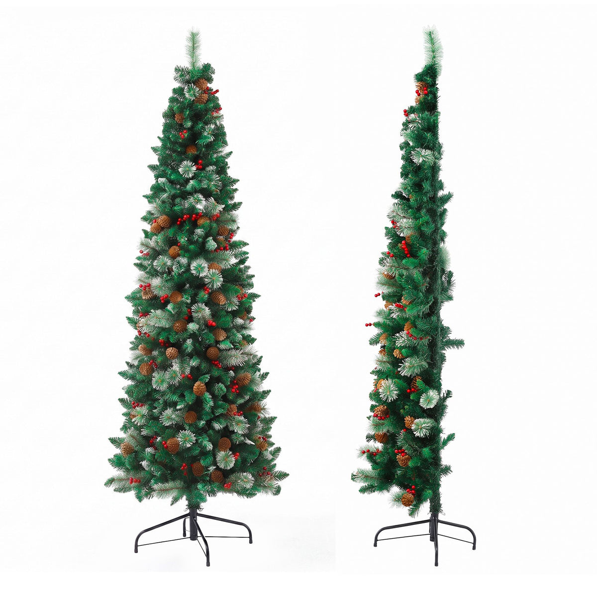 7ft 2.1m Artificial Slim Christmas Tree Pine Cone Berry Decor Corner