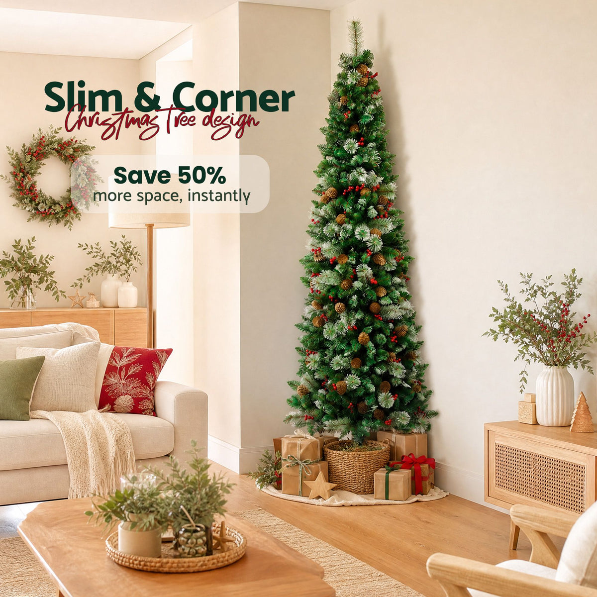 7ft 2.1m Artificial Slim Christmas Tree Pine Cone Berry Decor Corner