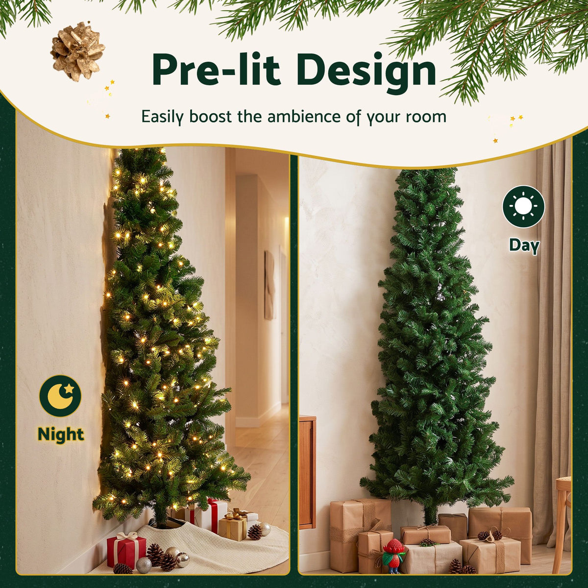 8ft 2.4m Pre-Lit Christmas Tree Slim Pencil Xmas Tree Corner Tree