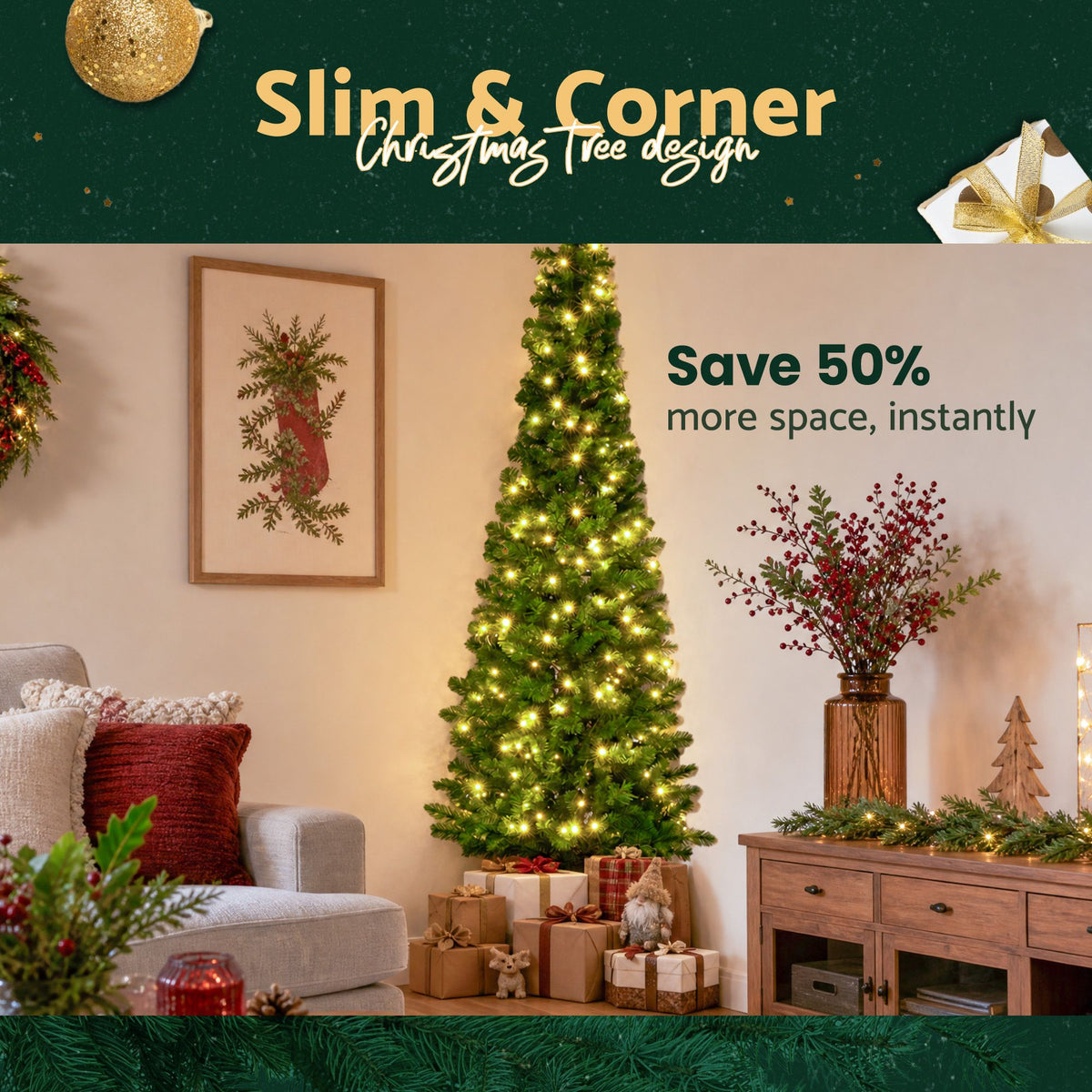 8ft 2.4m Pre-Lit Christmas Tree Slim Pencil Xmas Tree Corner Tree
