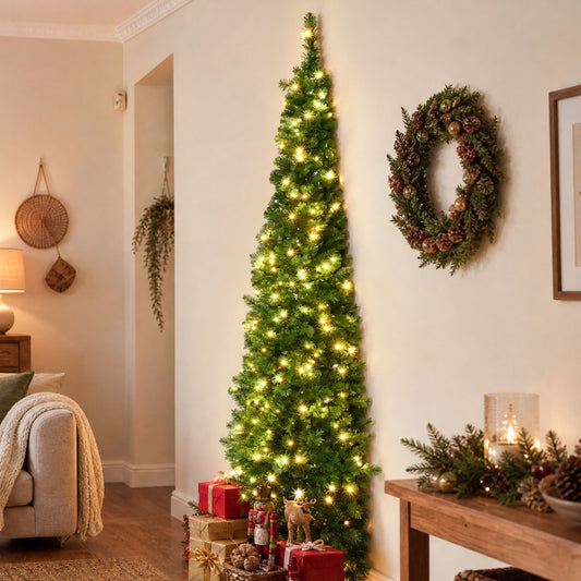 8ft 2.4m Pre-Lit Christmas Tree Slim Pencil Xmas Tree Corner Tree
