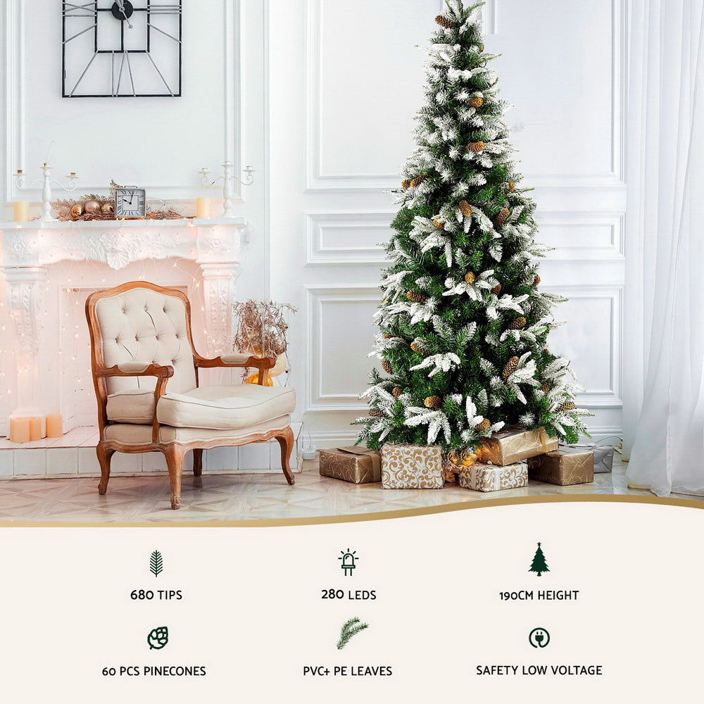 6.2ft 1.9m 280 LED 680 Tips Christmas Tree Pine Cones Flocking Xmas Tree