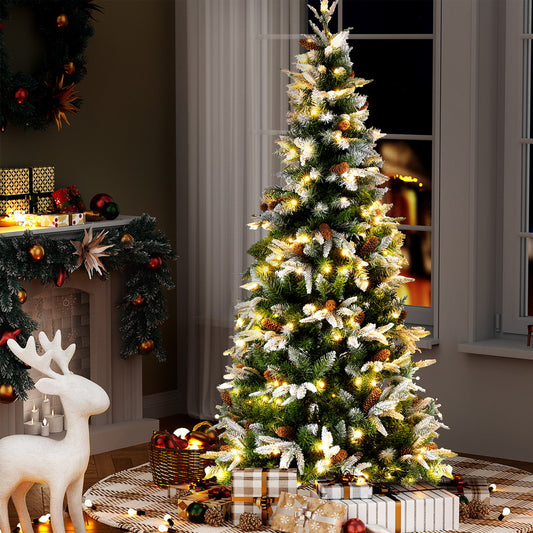 6.2ft 1.9m 280 LED 680 Tips Christmas Tree Pine Cones Flocking Xmas Tree