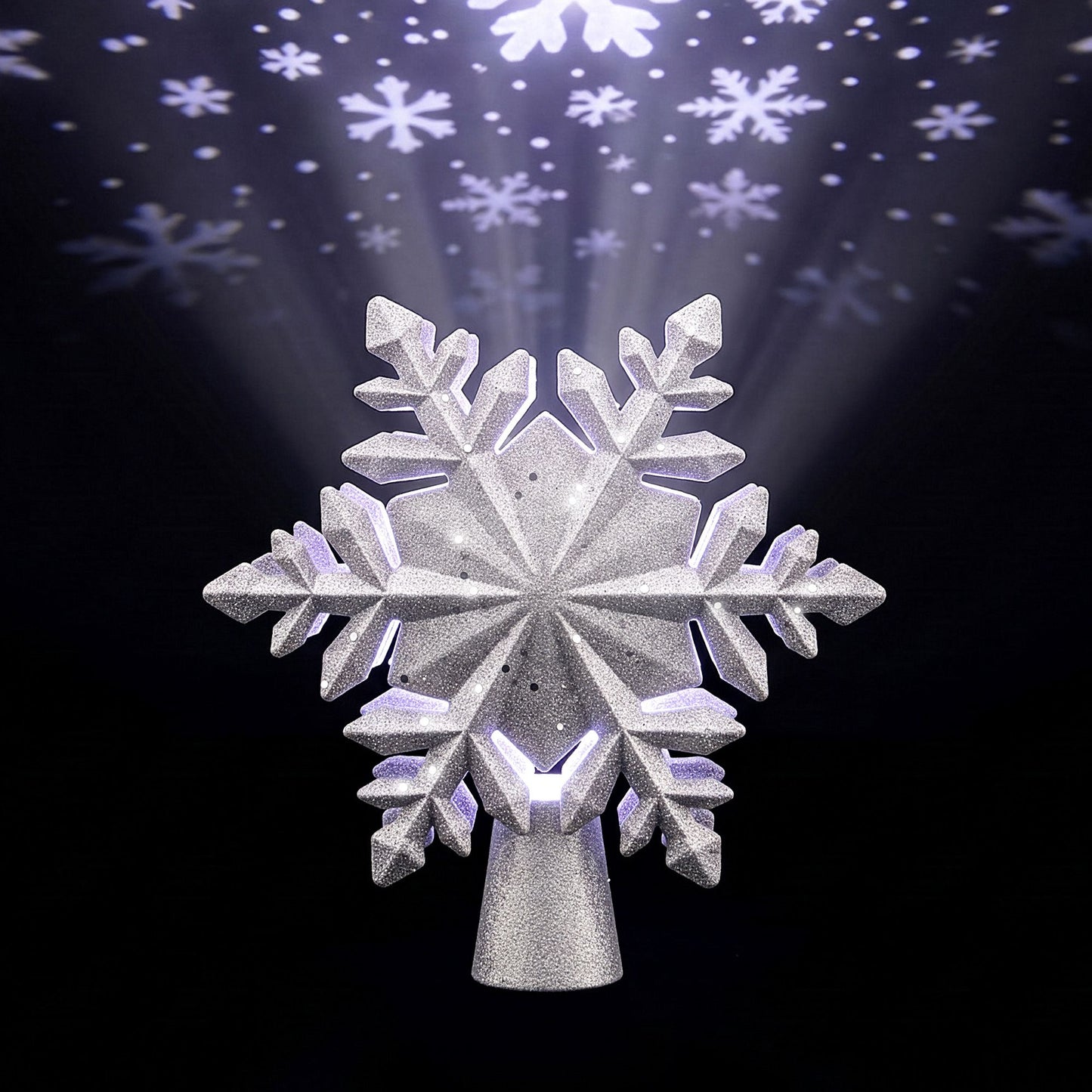 Christmas Tree Topper Lighted 360° Rotating Snowflake Projector Silver Glitter