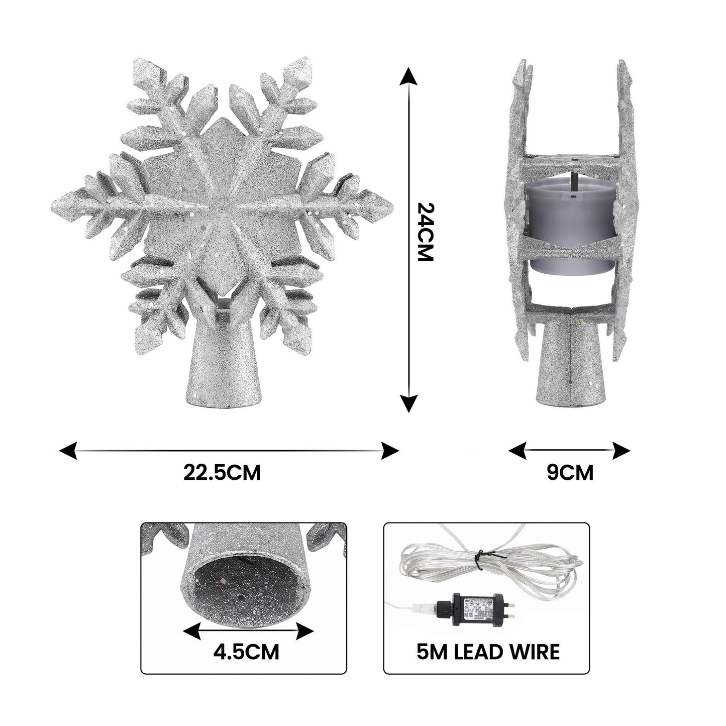 Christmas Tree Topper Lighted 360° Rotating Snowflake Projector Silver Glitter