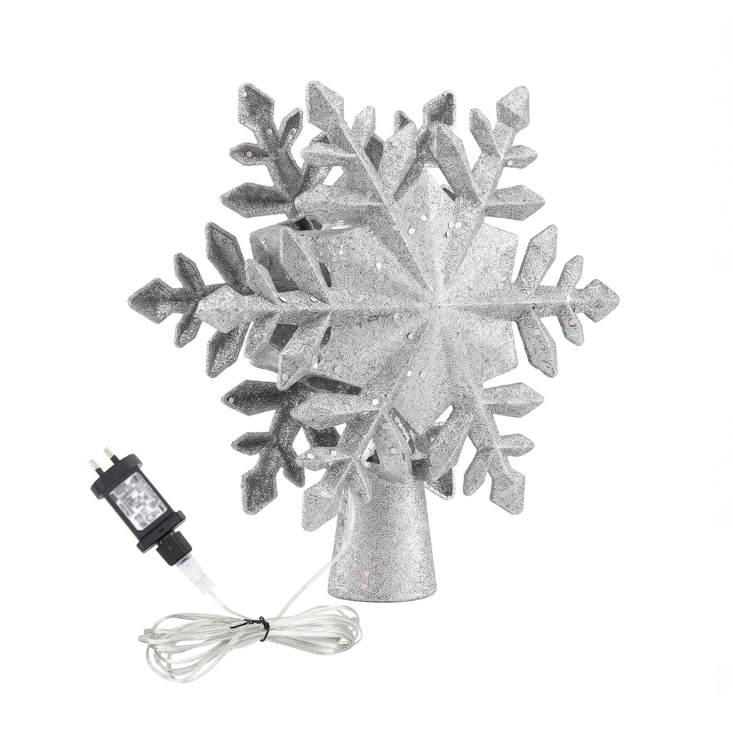 Christmas Tree Topper Lighted 360° Rotating Snowflake Projector Silver Glitter